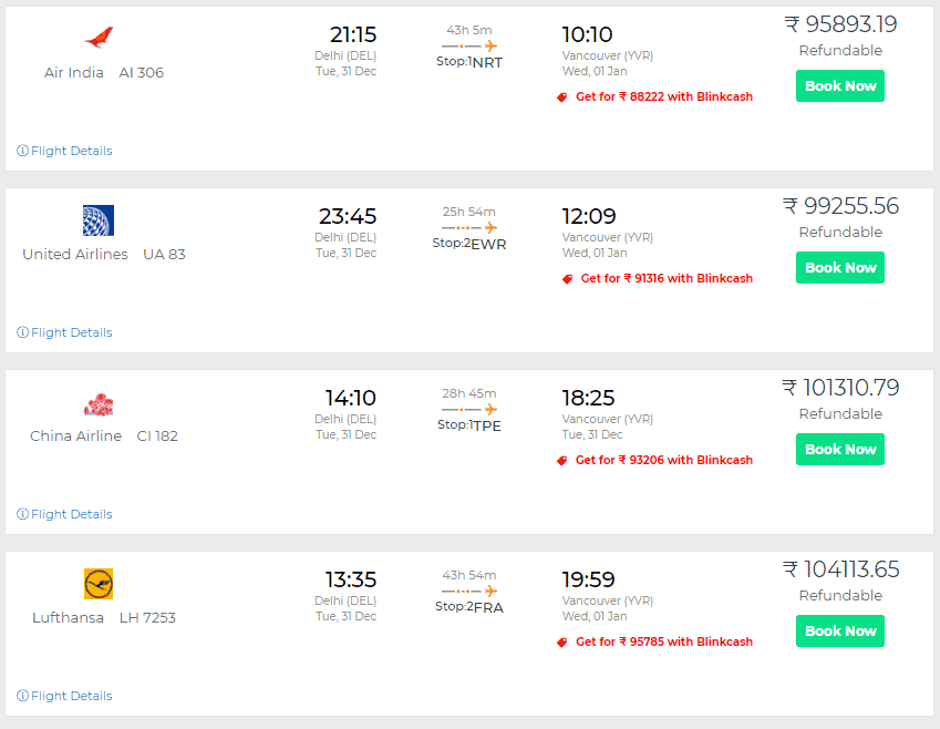 Canada discounts on flights with Blinkcash