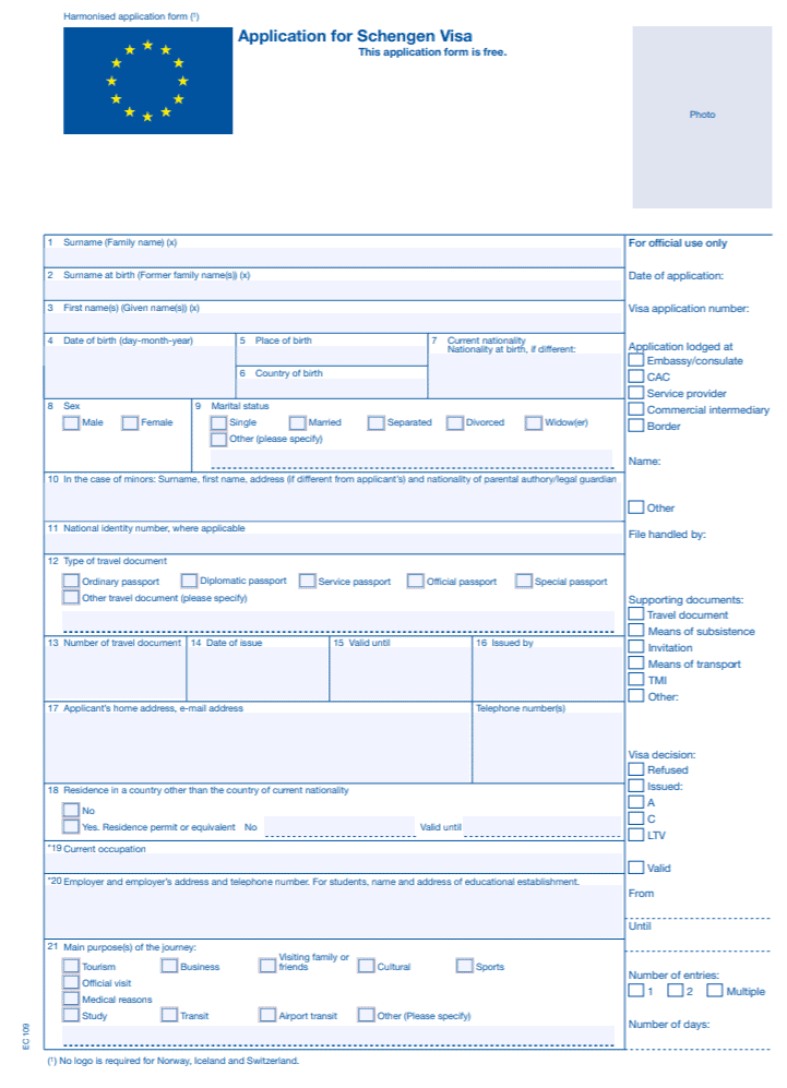 schengen visa application form sample
